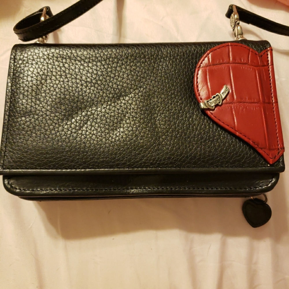 Brighton Heart Beat Black Leather Zip Around Wallet Crossbody with Red Heart